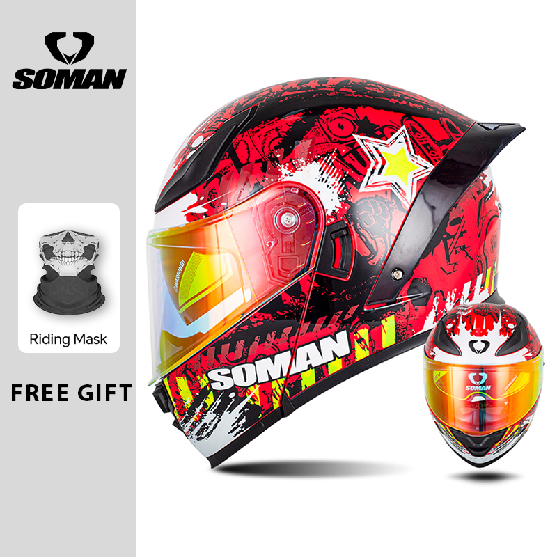 Dual Visor Motorcycle Racing Helmet - Модульный шлем SOMAN, откидной анфас, мотоциклетные